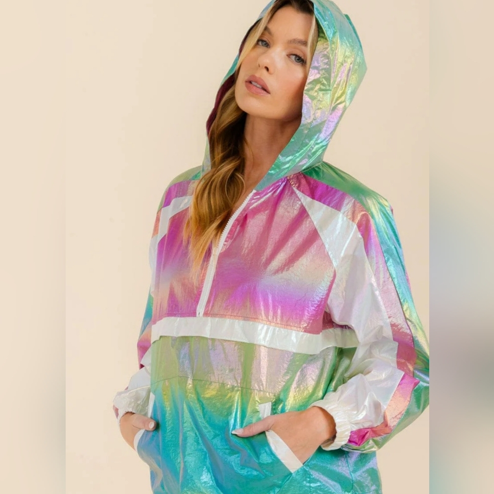 Long Sleeve Colorblock Metallic Pullover Iridescent Windbreaker Jacket